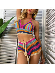 Colorblock Striped Knitted Bikinis Shorts Sets