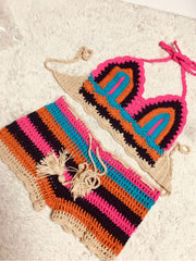 Colorblock Striped Knitted Bikinis Shorts Sets