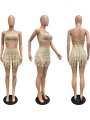 Knitted Fringe Halter Lace Up Skirt Sets