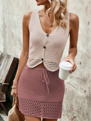 Knitted Hollow Out V Neck Tanks Skirt Sets