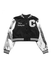 Embroidery Metallic Button Up Baseball Jacket