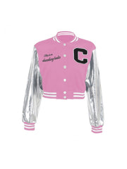 Embroidery Metallic Button Up Baseball Jacket