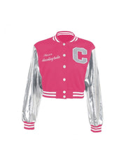 Embroidery Metallic Button Up Baseball Jacket