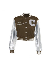 Embroidery Metallic Button Up Baseball Jacket