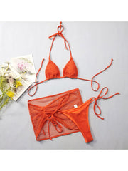 Solid Color Spaghetti Straps Backless 3pc Bikinis Sets