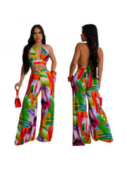 Patchwork Print Lace-Up Backless Wide Leg Trouser Sets