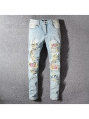 Patched Graffiti Ripped Men's Jeans