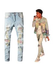 Patched Graffiti Ripped Men's Jeans