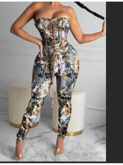 Tie-wrap Printed Strapless Jumpsuits