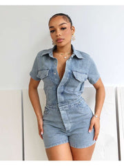 Denim Buckle Collar Short Sleeve Rompers