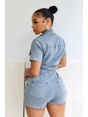 Denim Buckle Collar Short Sleeve Rompers