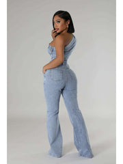 Denim One-shoulder Flared Jumpsuits