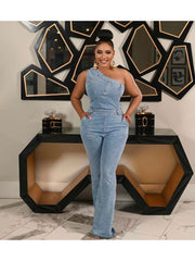 Denim One-shoulder Flared Jumpsuits