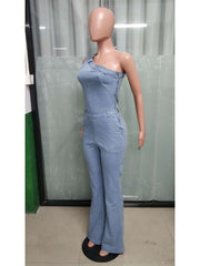 Denim One-shoulder Flared Jumpsuits