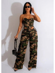 Camouflage Strapless Straight Pant Sets