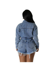 Ripped Fringe Long Sleeve Single Breasted Denim Rompers