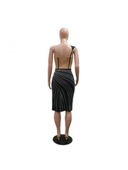 One Shoulder Rhinestones Midi Dress