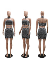 Hotfix Rhinestones Patchwork Backless Skirt Sets
