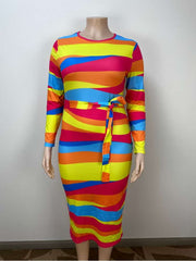 Striped Plus Size Bodycon Long Sleeve Maxi Dress