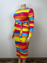 Striped Plus Size Bodycon Long Sleeve Maxi Dress