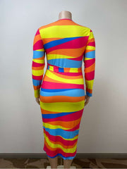 Striped Plus Size Bodycon Long Sleeve Maxi Dress