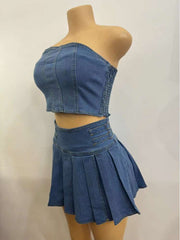 Denim Zipper Tube Pleated Skirt Sets