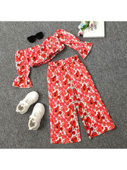 Flower High Rise Wide Leg Girl Clothing Sets