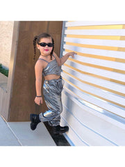 Metallic High Rise Cropped Girl Clothing Sets