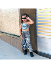 Metallic High Rise Cropped Girl Clothing Sets