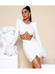 Solid Color Feather Ruched Cropped Skirt Sets