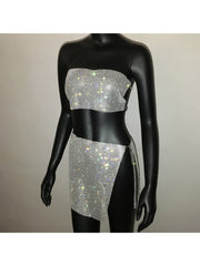 Rhinestone Split Hem Strapless Skirt Sets