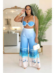 Beach Printed Tank Wide Leg Pant Sets