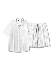 Striped Plain Color HK Style Shirt And Shorts Set