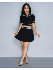 Knitting Buckle Cropped Pleated Skirt Sets