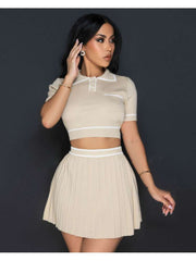 Knitting Buckle Cropped Pleated Skirt Sets