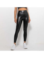 Solid Color PU Mid-rise Leggings