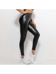 Solid Color PU Mid-rise Leggings