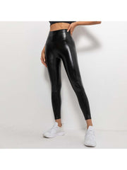 Solid Color PU Mid-rise Leggings