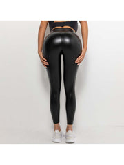 Solid Color PU Mid-rise Leggings