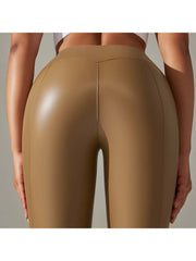 Solid Color PU Mid-rise Leggings