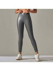 Solid Color PU Mid-rise Leggings