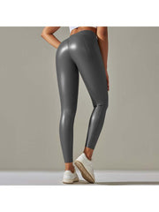 Solid Color PU Mid-rise Leggings