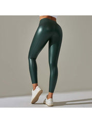 Solid Color PU Mid-rise Leggings