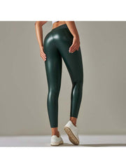 Solid Color PU Mid-rise Leggings