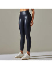 Solid Color PU Mid-rise Leggings