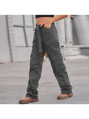 Waist Tie-wrap Cargo Washed Denim Pants