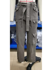 Waist Tie-wrap Cargo Washed Denim Pants