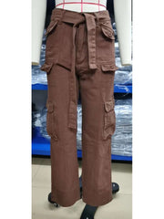 Waist Tie-wrap Cargo Washed Denim Pants