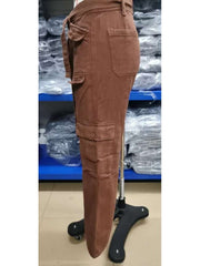 Waist Tie-wrap Cargo Washed Denim Pants