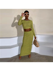 Striped Long Sleeve Backless Skirt Sets